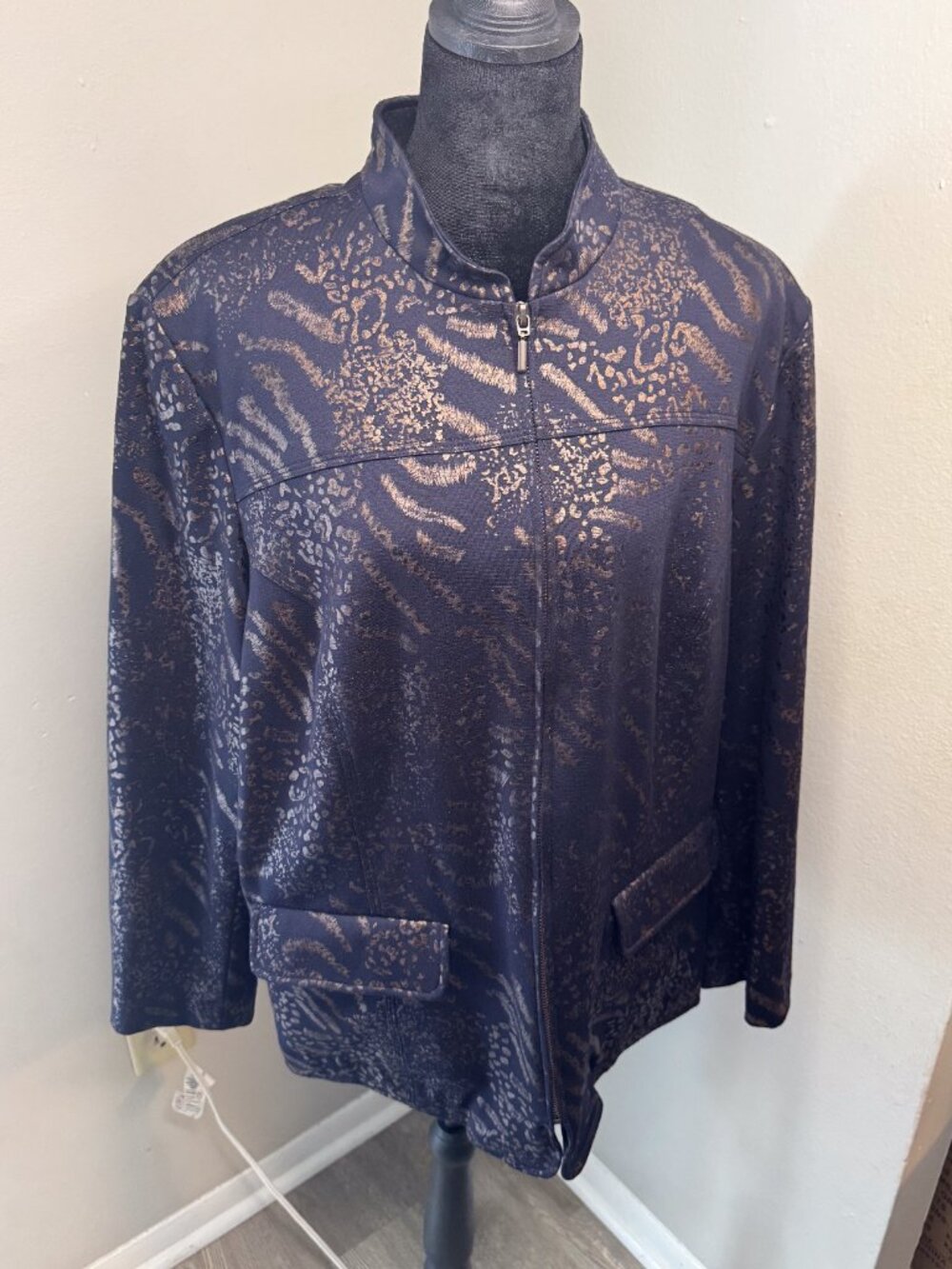 Alfred Dunner 18W Navy Metallic Animal Print Zip Jacket Plus Size